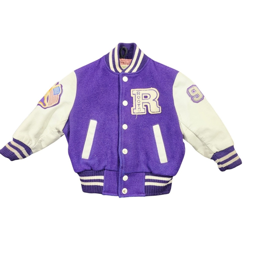 Vintage Roots Sporting Good Kids XS Varsity Jacket Purple White Wool Leather USA